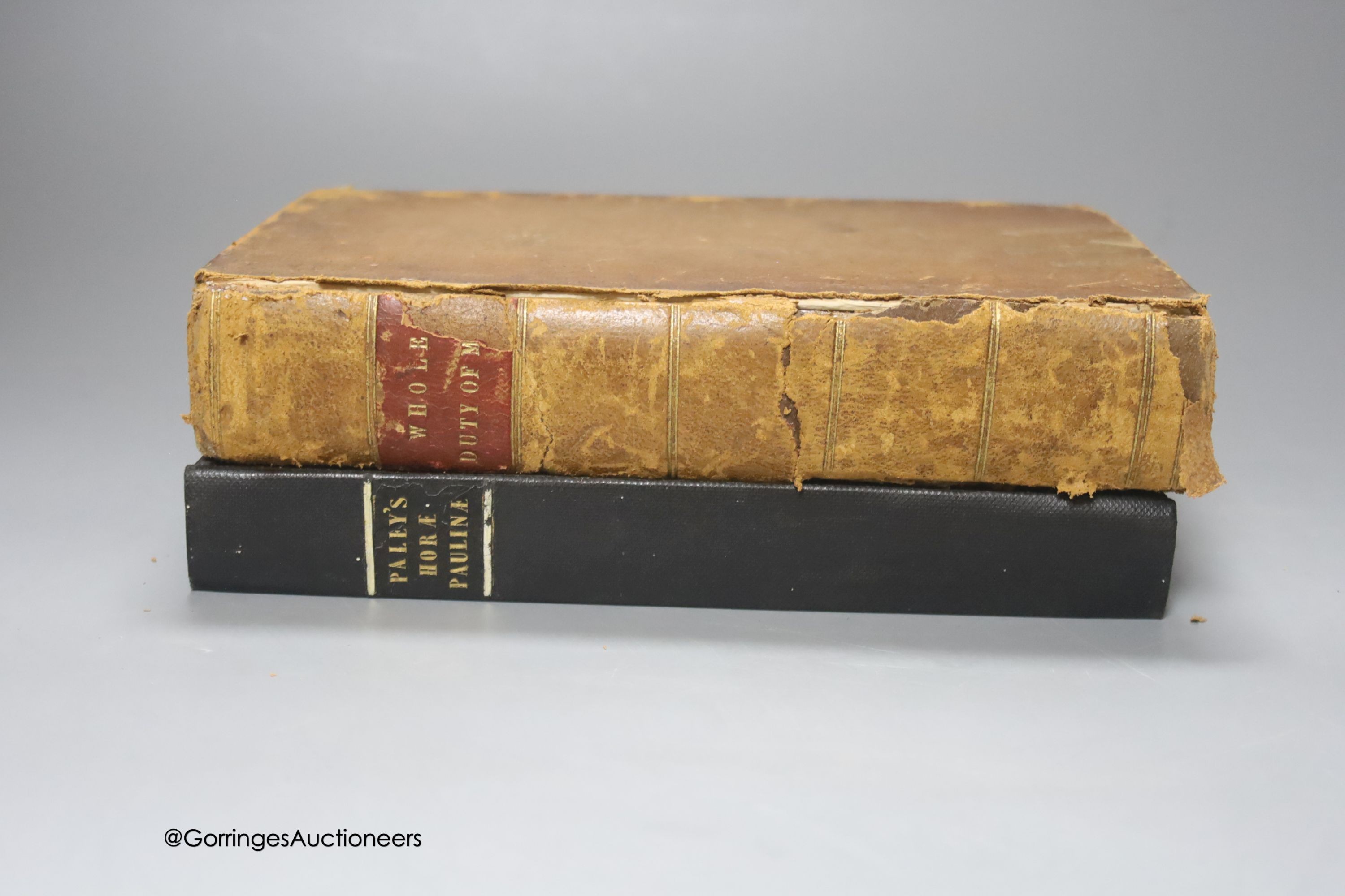 A collection of leather bound books, including The Truth of The Scripture 1808 to follow The Whole Duty of Man